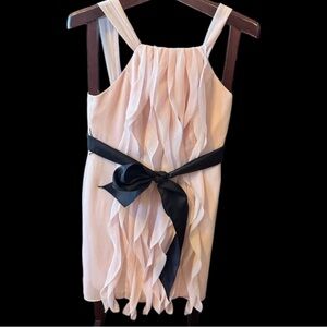Vera Wang Blush Pink Ruffle Midi Dress with Black Satin Waist Tie